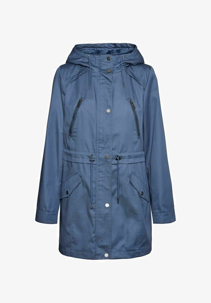Navy blue lightweight jacket with a drawstring hood, zippered chest pockets, and large side pockets. Features snap button and adjustable waist.