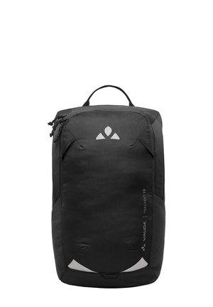 Zaino nero con finitura testurizzata, dotato di manico superiore, cerniere e logo riflettente. Forma snella con bordi definiti.