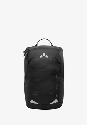 Black backpack with a textured finish, featuring a top handle, zippers, and a reflective logo. Streamlined shape with defined edges.