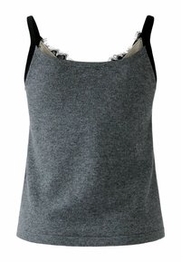 Graues Tanktop aus weichem Stoff, mit Spitzenbesatz am Ausschnitt und schwarzen Trägern. Schlichtes, figurbetontes Design ohne Verzierungen.