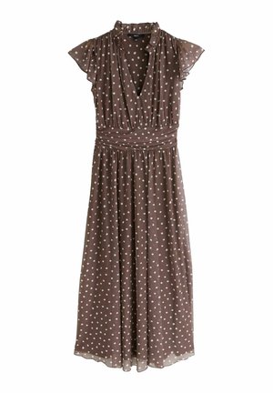 Braunes Kleid mit weißen Tupfen, tiefem V-Ausschnitt, kurzen, gerafften Ärmeln, tailliert und fließendem Rock. Aus leichtem, strukturiertem Stoff gefertigt.
