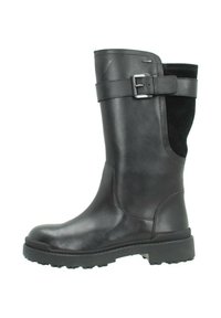 Botas altas de cuero negro con suela de goma, que presentan una correa lateral y hebilla, textura suave y un panel de tela en la parte posterior.