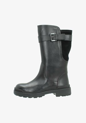 Tall black leather boots with a rubber sole, featuring a side strap and buckle, smooth texture, and a panel of fabric at the back.