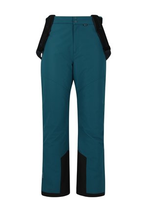 Teal vandtætte bukser med sorte detaljer, der har justerbare skulderstropper, lige ben og glat tekstur. Ideelle til udendørsaktiviteter.