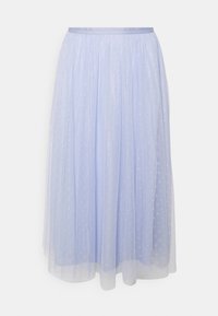 Ljusblå midi kjol med genomskinlig överlägg som har små vita broderade kors och en åtsittande midja.