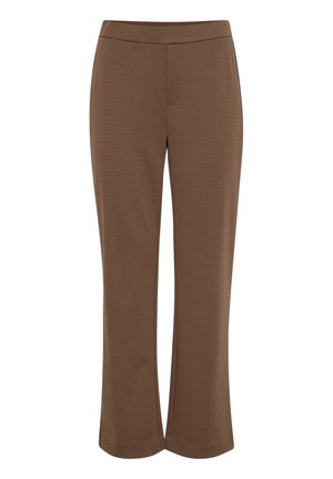 Brązowe spodnie typu bootcut wykonane z miękkiego materiału. Posiadają elastyczny pasek w talii i boczne kieszenie. Gładka struktura w jednolitym kolorze.