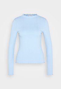 Hellblau gestreiftes Langarmoberteil mit gewelltem Ausschnitt und Saum. Das strukturierte Material betont eine figurbetonte Silhouette.