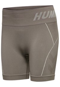 Bruna ribbade träningsshorts med en bred midja, prydda med grå logotext och kontrasterande vita sömmar längs sidorna.