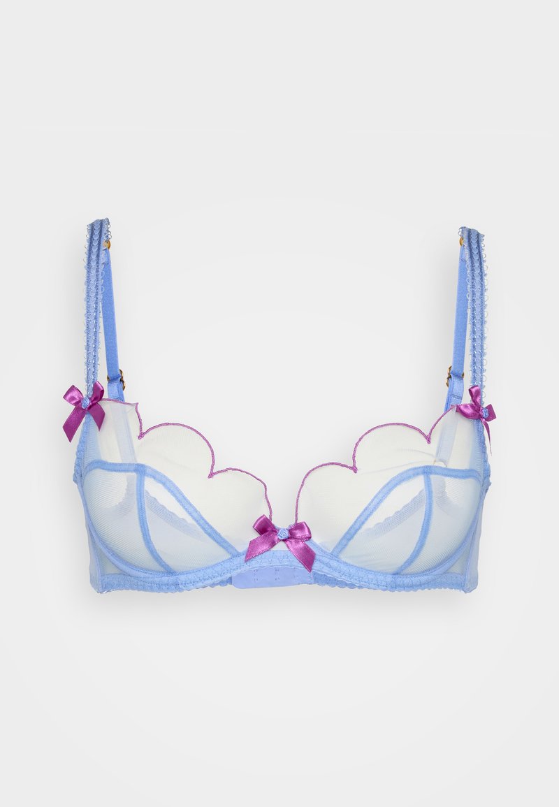 Light blue bra with sheer fabric, scalloped edges, purple detailing, and small bows on straps; features lace trim and underwire support.