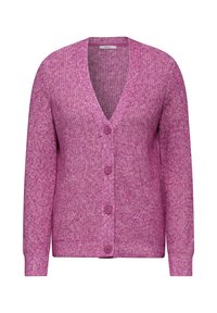 V-ringad långärmad cardigan i en strukturerad rosa stickning, med fyra knappar fram och ribbade muddar och nederkant.