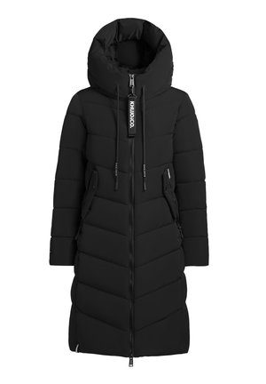 Longue doudoune noire d'hiver avec grande capuche, fermeture éclair frontale, deux poches latérales zippées et tirette de fermeture à glissière avec logo.