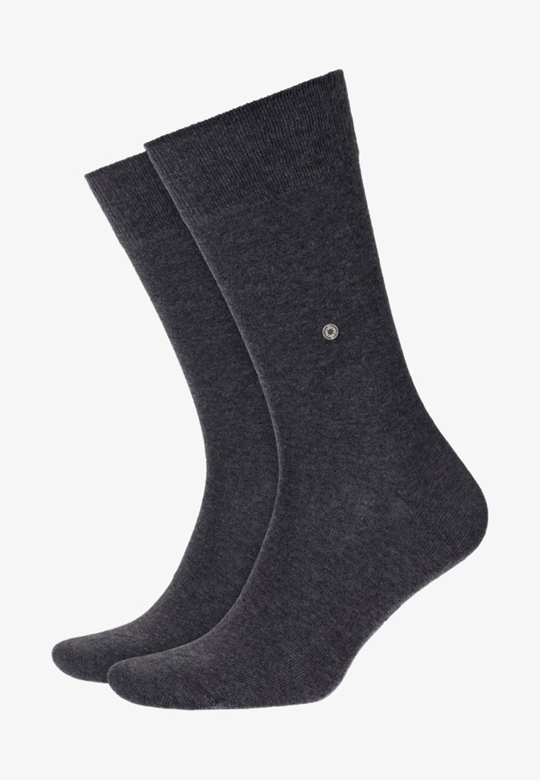 Dunkelgraue Baumwollsocken mit glatter Textur, geripptem Bund und einem kleinen runden Logo auf einer Seite. Klassische Knöchellänge.