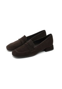 Pair of dark brown suede low-heeled loafers with a classic penny strap design on a white background.