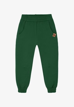 Zielona bluza z kapturem i pasujące spodnie dresowe wykonane z miękkiego materiału, ze ściągaczami przy rękawach i małą naszywką z logo na spodniach. Noszone z białymi sneakersami.