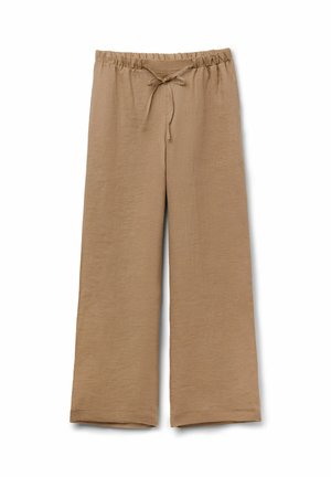 Pantalon large en lin beige avec taille élastique et cordon de serrage à l'avant, longueur totale, style décontracté.