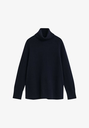 Navy turtleneck sweater with long sleeves, ribbed cuffs and hem, smooth texture, and a relaxed fit. Seam detailing at shoulders.