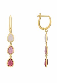 Aranyszínű, csepp alakú fülbevalók, három vízcsepp formájú kristállyal, amelyek pink árnyalataiban, fokozatosan változnak, sima, csiszolt felülettel.