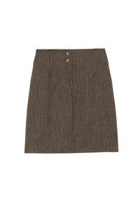 Jupe marron à rayures fines avec deux boutons en bois à la taille et une coupe droite. Le tissu a une finition texturée et un éclat subtil.