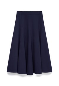Jupe A-line marine en tissu lisse, dotée d'une taille haute, de plis et de poches latérales. L'ourlet tombe juste en dessous du genou.