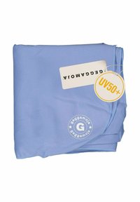 Light blue UV50+ fabric, folded neatly. Textured, breathable material with a circular logo featuring a stylized "G" and brand name tag attached.