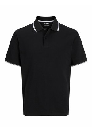 Must lühikeste varrukatega polo särk, millel on kahe nupuga plokk, valged kahekordsed triibud krae ja varruka servadel, sees krael silt JJ Rebel.