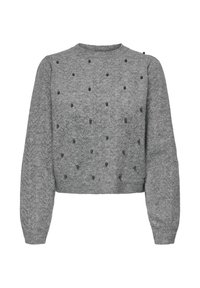 Pull gris en maille avec encolure ronde, motif texturé et perles noires décoratives réparties uniformément sur le devant. Coupe courte.