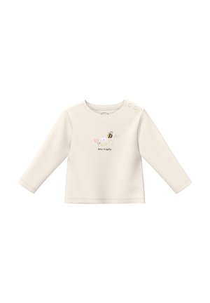 Crèmekleurig longsleeve shirtje voor peuters met een klein afbeelding van een bij en bloem en de tekst "Bee happy" op de voorkant, voorzien van twee knopen op de schouder.