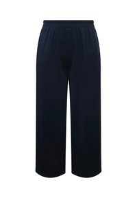 Námořnické modré kalhoty s širokými nohavicemi a zkrácenou délkou, s elastickým pasem, vyrobené z měkké tkaniny. Mají hladký povrch a jednoduchý design.