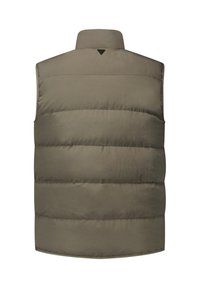 Padded Weste in Olivgrün mit hohem Kragen, horizontalen Steppnähten und einem Logodetail am oberen Rücken.