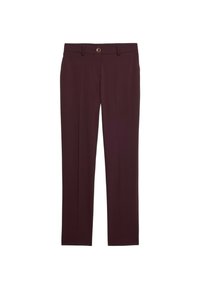 Bordeaux kleurige pantalon met een rechte pijp, gemaakt van een soepele stof. Voorzien van een knoopsluiting en riemlussen, zonder patronen.