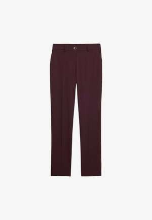 Bordeaux kleurige pantalon met een rechte pijp, gemaakt van een soepele stof. Voorzien van een knoopsluiting en riemlussen, zonder patronen.