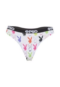 Białe stringi z powtarzającym się wzorem kolorowych logo królików. Pasek w talii jest czarny z białym oznaczeniem "PSD".
