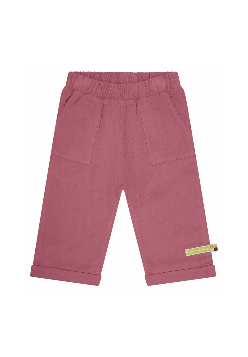 Pantaloni di cotone color rosa con vita elasticizzata, due tasche frontali, orli arrotolati e un'etichetta piccola sul lato.
