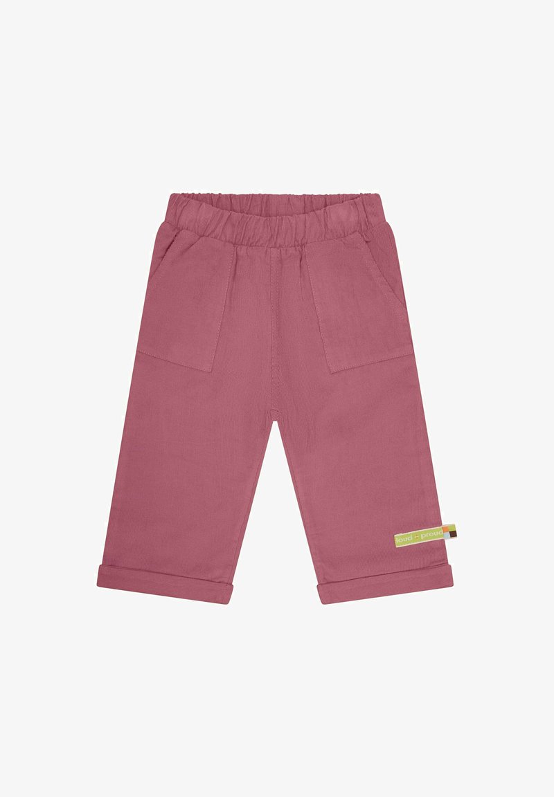Rose-colored cotton pants with an elastic waistband, two front pockets, rolled cuffs, and a small label on the side.