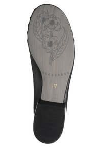 Suola di scarpa nera con un motivo floreale inciso su una superficie grigia, con un marchio dorato "37" per la taglia. Accenti in gomma testurizzata.