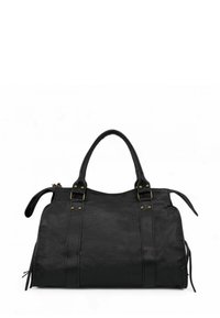 Sac à main en cuir noir avec une forme structurée, deux poignées, des accents de rivets en métal et une fermeture  éclair sur le dessus, avec des détails zippés sur les côtés.