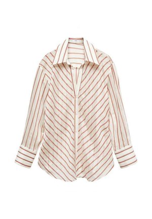 Srajca na gumbe iz lahkega materiala, s pokončnimi rdečimi in belimi črtami, klasičnim ovratnikom in dolgimi rokavi z detajli na manšetah.