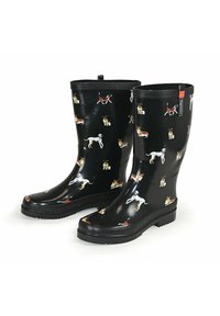 Black rubber rain boots featuring a pattern of various dog breeds. Rounded toe, textured sole, and a pull tab at the top for easy wear.