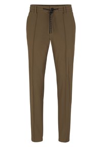 Bruna stretchbyxor med dragsko i midjan och knäppning, med texturerade sidsömmar och tapered bendesign.