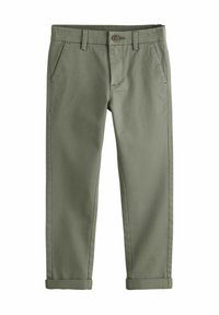 Chino olive verdi con una vestibilità affusolata, realizzati in tessuto leggero. Presentano tasche laterali, chiusura con bottone e orli arrotolati.