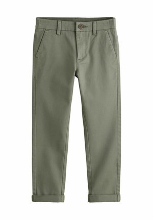 Oliwkowe chinosy o tapered fit, wykonane z lekkiego materiału. Posiadają kieszenie boczne, zapięcie na guzik i podwinięte mankiety.