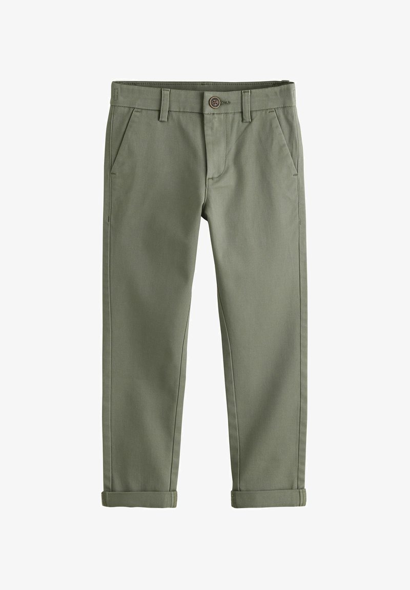 Pantalon vert olive à jambes droites avec passants pour ceinture, fermeture devant par bouton et zip, poches latérales et ourlets roulés.