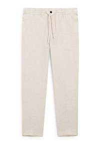 Pantalon beige en mélange de lin avec taille élastique, bouton sur le devant et fermeture à cordon, coupe droite.