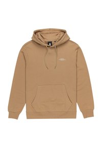 Brown cotton hoodie with a front pocket, drawstring hood, and small white text logo on the chest. Smooth texture and casual design.