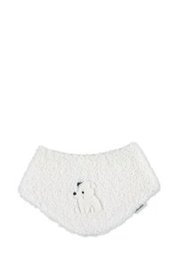 Strukturierter, weißer Fleece-Kragen mit einem niedlichen, gestickten Eisbär-Motiv. Weiches Material und runde Form, geeignet für verschiedene Outfits.