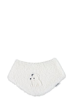 Strukturierter, weißer Fleece-Kragen mit einem niedlichen, gestickten Eisbär-Motiv. Weiches Material und runde Form, geeignet für verschiedene Outfits.