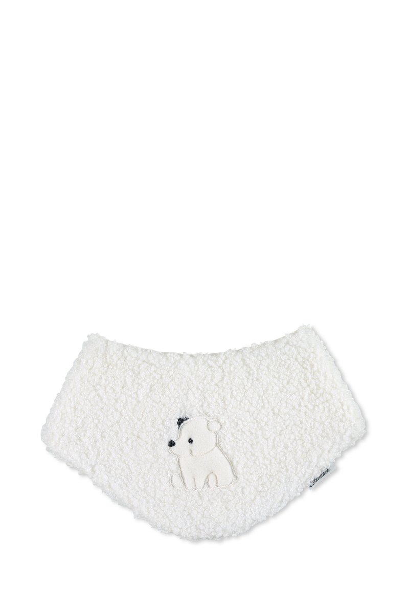 Strukturierter, weißer Fleece-Kragen mit einem niedlichen, gestickten Eisbär-Motiv. Weiches Material und runde Form, geeignet für verschiedene Outfits.