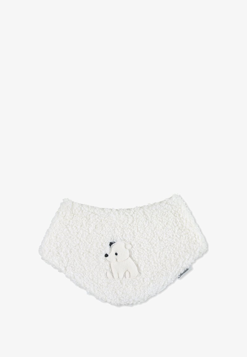 Strukturierter, weißer Fleece-Kragen mit einem niedlichen, gestickten Eisbär-Motiv. Weiches Material und runde Form, geeignet für verschiedene Outfits.