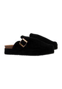 Black suede slip-on shoes with a cushioned sole, featuring a decorative gold buckle and a curved design for comfort.