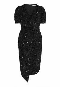 Czarna sukienka z cekinami o kroju kopertowym, krótki bufiaste rękawy, dekolt w kształcie litery V, teksturowany materiał i asymetryczny dół. Zamek błyskawiczny z tyłu.